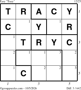 The grouppuzzles.com Easy Tracy puzzle for Monday October 5, 2026 with all 3 steps marked