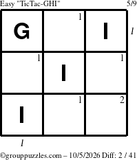 The grouppuzzles.com Easy TicTac-GHI puzzle for Monday October 5, 2026, suitable for printing, with all 2 steps marked