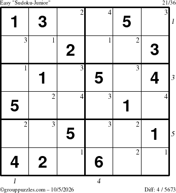 The grouppuzzles.com Easy Sudoku-Junior puzzle for Monday October 5, 2026, suitable for printing, with all 4 steps marked
