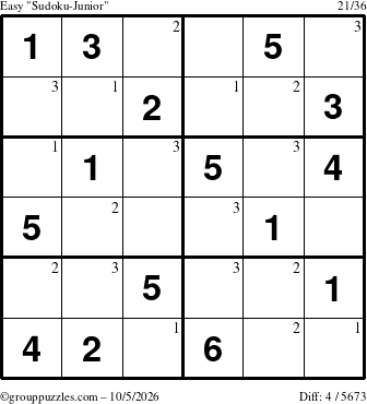 The grouppuzzles.com Easy Sudoku-Junior puzzle for Monday October 5, 2026 with the first 3 steps marked