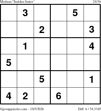 The grouppuzzles.com Medium Sudoku-Junior puzzle for Monday October 5, 2026