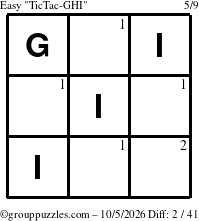 The grouppuzzles.com Easy TicTac-GHI puzzle for Monday October 5, 2026 with the first 2 steps marked