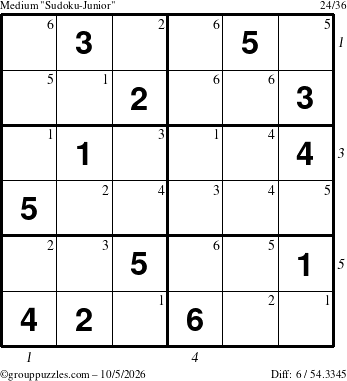The grouppuzzles.com Medium Sudoku-Junior puzzle for Monday October 5, 2026, suitable for printing, with all 6 steps marked