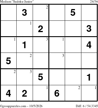 The grouppuzzles.com Medium Sudoku-Junior puzzle for Monday October 5, 2026 with the first 3 steps marked