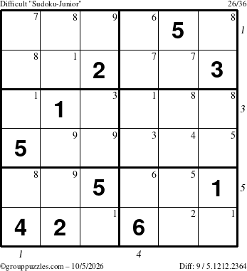 The grouppuzzles.com Difficult Sudoku-Junior puzzle for Monday October 5, 2026 with all 9 steps marked