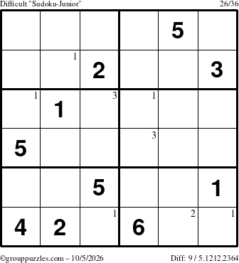 The grouppuzzles.com Difficult Sudoku-Junior puzzle for Monday October 5, 2026 with the first 3 steps marked