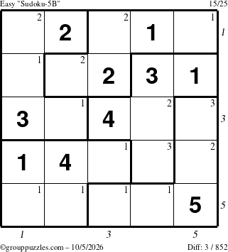 The grouppuzzles.com Easy Sudoku-5B puzzle for Monday October 5, 2026 with all 3 steps marked