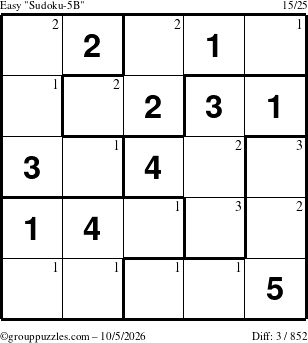 The grouppuzzles.com Easy Sudoku-5B puzzle for Monday October 5, 2026 with the first 3 steps marked