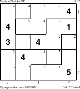 The grouppuzzles.com Medium Sudoku-5B puzzle for Monday October 5, 2026, suitable for printing, with all 5 steps marked