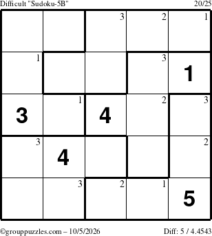 The grouppuzzles.com Difficult Sudoku-5B puzzle for Monday October 5, 2026 with the first 3 steps marked