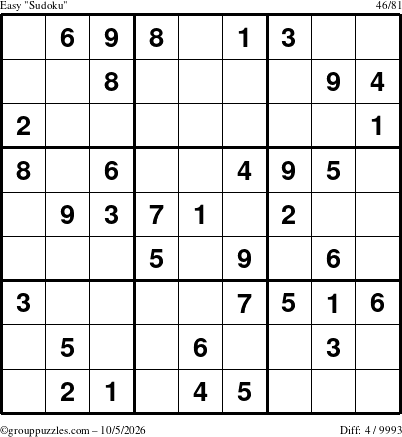 The grouppuzzles.com Easy Sudoku puzzle for Monday October 5, 2026