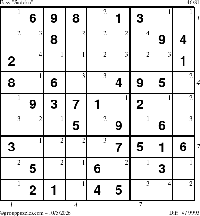 The grouppuzzles.com Easy Sudoku puzzle for Monday October 5, 2026 with all 4 steps marked