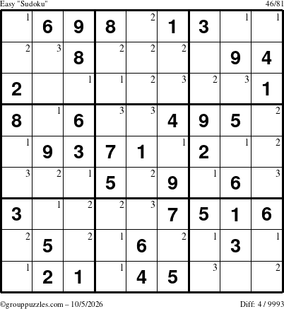 The grouppuzzles.com Easy Sudoku puzzle for Monday October 5, 2026 with the first 3 steps marked
