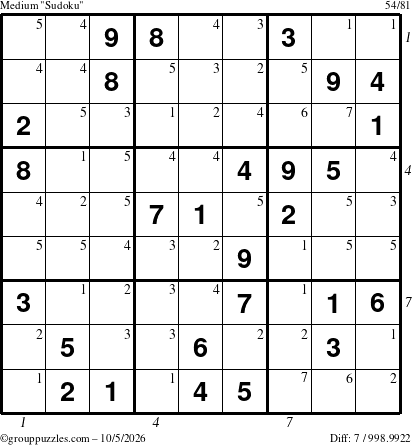 The grouppuzzles.com Medium Sudoku puzzle for Monday October 5, 2026, suitable for printing, with all 7 steps marked