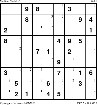 The grouppuzzles.com Medium Sudoku puzzle for Monday October 5, 2026 with the first 3 steps marked