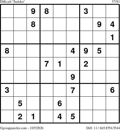 The grouppuzzles.com Difficult Sudoku puzzle for Monday October 5, 2026