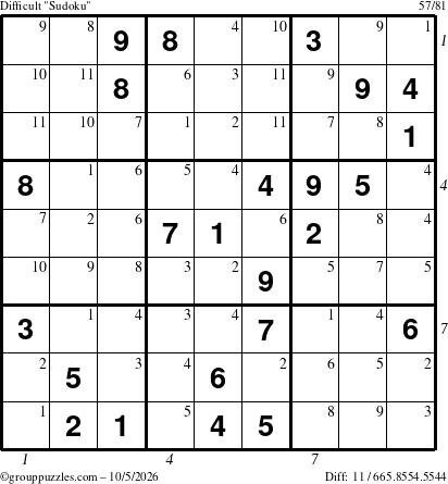 The grouppuzzles.com Difficult Sudoku puzzle for Monday October 5, 2026 with all 11 steps marked