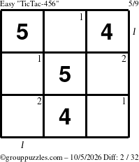 The grouppuzzles.com Easy TicTac-456 puzzle for Monday October 5, 2026 with all 2 steps marked