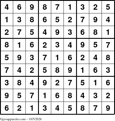 The grouppuzzles.com Answer grid for the Sudoku puzzle for Monday October 5, 2026