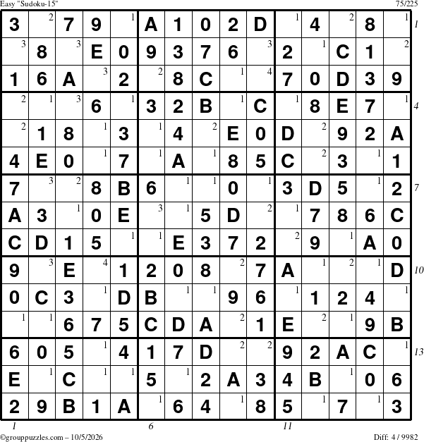 The grouppuzzles.com Easy Sudoku-15 puzzle for Monday October 5, 2026, suitable for printing, with all 4 steps marked
