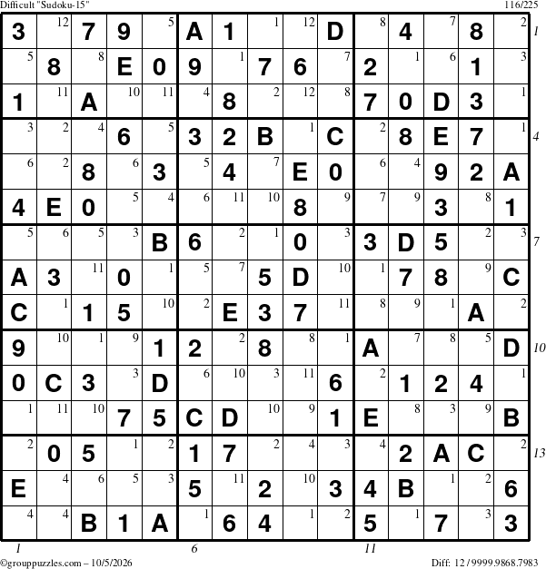 The grouppuzzles.com Difficult Sudoku-15 puzzle for Monday October 5, 2026, suitable for printing, with all 12 steps marked