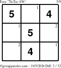 The grouppuzzles.com Easy TicTac-456 puzzle for Monday October 5, 2026 with the first 2 steps marked
