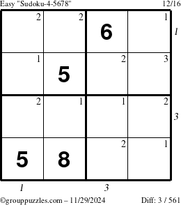 The grouppuzzles.com Easy Sudoku-4-5678 puzzle for Friday November 29, 2024, suitable for printing, with all 3 steps marked