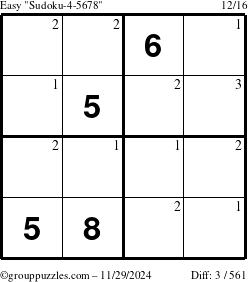 The grouppuzzles.com Easy Sudoku-4-5678 puzzle for Friday November 29, 2024 with the first 3 steps marked