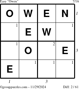 The grouppuzzles.com Easy Owen puzzle for Friday November 29, 2024, suitable for printing, with all 2 steps marked