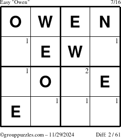 The grouppuzzles.com Easy Owen puzzle for Friday November 29, 2024 with the first 2 steps marked