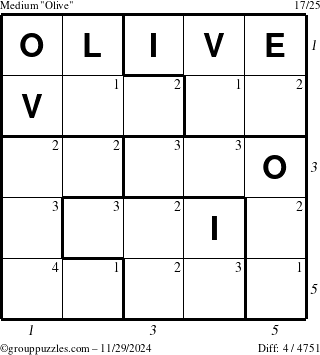 The grouppuzzles.com Medium Olive puzzle for Friday November 29, 2024 with all 4 steps marked