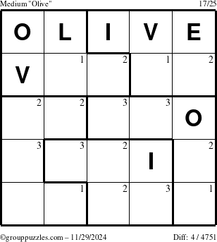 The grouppuzzles.com Medium Olive puzzle for Friday November 29, 2024 with the first 3 steps marked