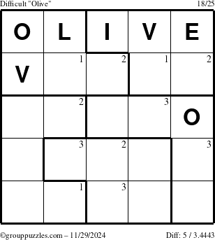 The grouppuzzles.com Difficult Olive puzzle for Friday November 29, 2024 with the first 3 steps marked