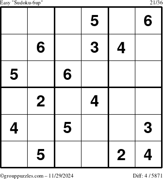 The grouppuzzles.com Easy Sudoku-6up puzzle for Friday November 29, 2024