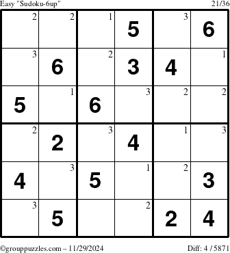 The grouppuzzles.com Easy Sudoku-6up puzzle for Friday November 29, 2024 with the first 3 steps marked