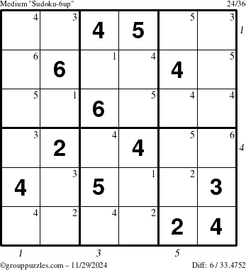 The grouppuzzles.com Medium Sudoku-6up puzzle for Friday November 29, 2024 with all 6 steps marked