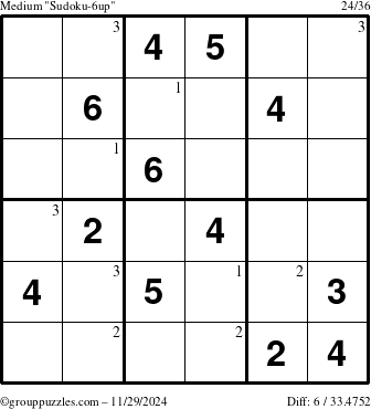 The grouppuzzles.com Medium Sudoku-6up puzzle for Friday November 29, 2024 with the first 3 steps marked