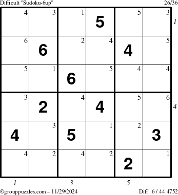 The grouppuzzles.com Difficult Sudoku-6up puzzle for Friday November 29, 2024 with all 6 steps marked