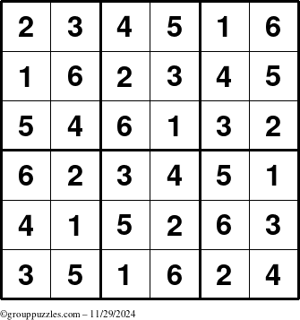 The grouppuzzles.com Answer grid for the Sudoku-6up puzzle for Friday November 29, 2024