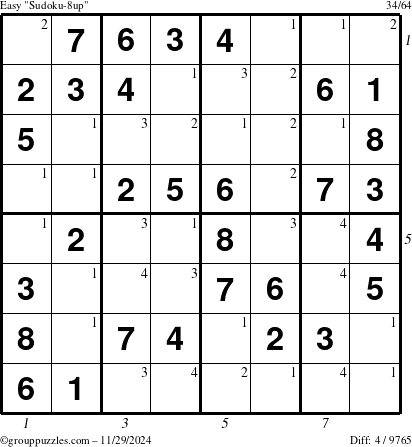 The grouppuzzles.com Easy Sudoku-8up puzzle for Friday November 29, 2024, suitable for printing, with all 4 steps marked