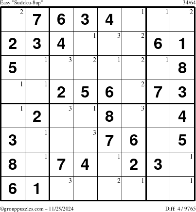 The grouppuzzles.com Easy Sudoku-8up puzzle for Friday November 29, 2024 with the first 3 steps marked