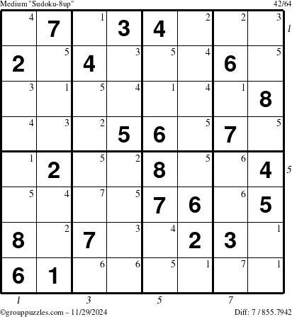 The grouppuzzles.com Medium Sudoku-8up puzzle for Friday November 29, 2024 with all 7 steps marked