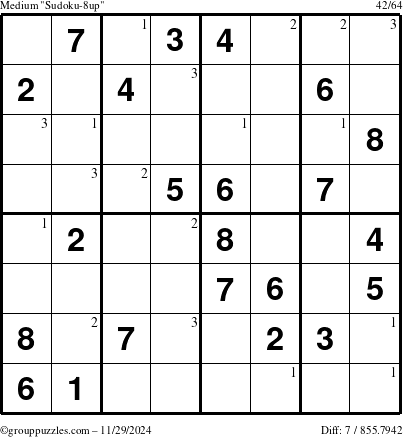 The grouppuzzles.com Medium Sudoku-8up puzzle for Friday November 29, 2024 with the first 3 steps marked