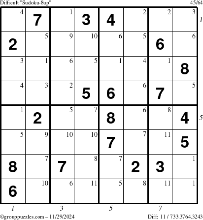 The grouppuzzles.com Difficult Sudoku-8up puzzle for Friday November 29, 2024, suitable for printing, with all 11 steps marked