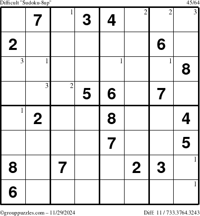 The grouppuzzles.com Difficult Sudoku-8up puzzle for Friday November 29, 2024 with the first 3 steps marked