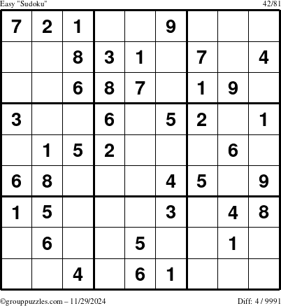 The grouppuzzles.com Easy Sudoku puzzle for Friday November 29, 2024