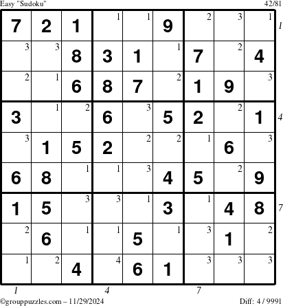 The grouppuzzles.com Easy Sudoku puzzle for Friday November 29, 2024 with all 4 steps marked