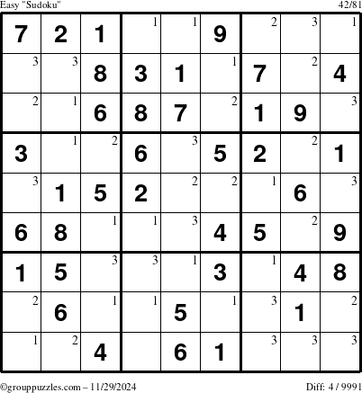 The grouppuzzles.com Easy Sudoku puzzle for Friday November 29, 2024 with the first 3 steps marked