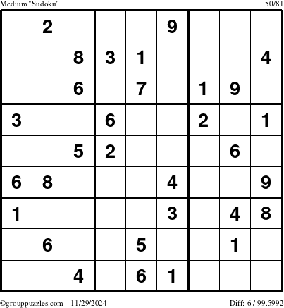 The grouppuzzles.com Medium Sudoku puzzle for Friday November 29, 2024