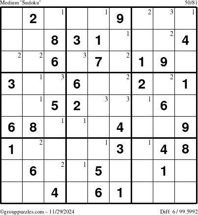 The grouppuzzles.com Medium Sudoku puzzle for Friday November 29, 2024 with the first 3 steps marked